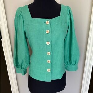 J. Crew Teal Button-Up Blouse with Puff Sleeves linen